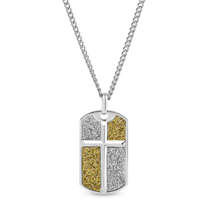 Sterling Silver and Gold Glitter Cross Dog Tag Pendant with 24 Inch Steel Curb Chain