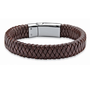 PalmBeach Jewelry Men's Brown Braided Leather and Stainless Steel Bracelet with Magnetic Closure 9"