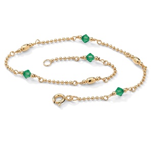 PalmBeach Jewelry Simulated Birthstone 14k Gold over Silver Ankle Bracelet - May - Simulated Emerald