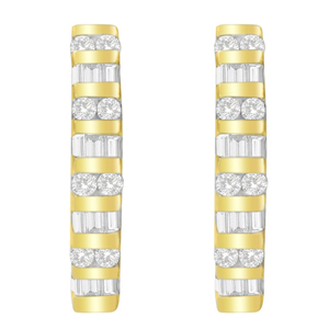10k Yellow Gold .50 CTW Round and Baguette Diamond Hoop Earrings(I-J, I2-I3)