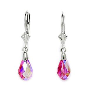 14k White Gold Light Rose Pink 9x6mm Swarovski Element Pear Drop Leverback Earrings - Measures 29x6mm