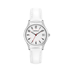 Ladies Numeral White Leather Strap Watch White Dial