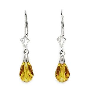 14k White Gold Citrine-color Yellow  9x6mm Swarovski Element Pear Drop Leverback Earrings - Measures 29x6mm