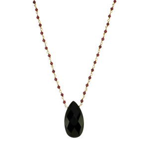 Genuine Garnet Bead Wrapped Chain w/ Black Onyx Pendant Gold Over Silver, 17" Necklace