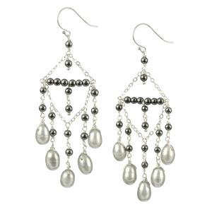 Lita Sterling Silver Chandelier Earrings With Silver Grey Pearls And Hematite Beads