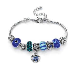 PalmBeach Jewelry Blue Crystal Silvertone Bali-Style Beaded Charm and Spacer Bracelet 8"