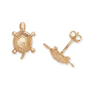14k Yellow Gold Girls Turtle Stamping Children Earrings - Measures 12x8mm
