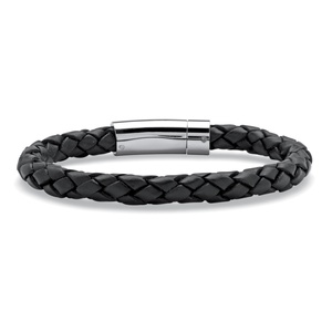 PalmBeach Jewelry Men's Black Leather Bracelet with Stainless Steel Slip Lock Closure
