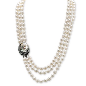 PalmBeach Jewelry Genuine Cultured Freshwater Pearl and Black Mother-Of-Pearl Cameo Triple-Strand Necklace 28"