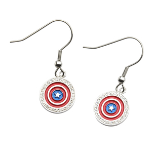 Marvel Women's Stainless Steel Gem Captain America Shield Dangle Earrings