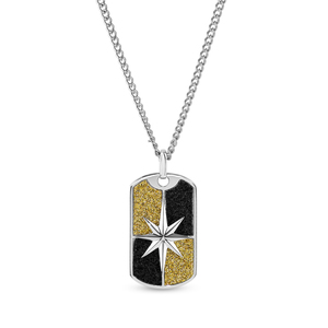 Sterling Silver Black and Gold Glitter Star Dog Tag Pendant with 24 Inch Steel Curb Chain