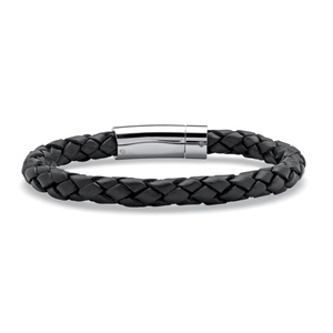 PalmBeach Jewelry Men's Black Leather Bracelet with Stainless Steel Slip Lock Closure