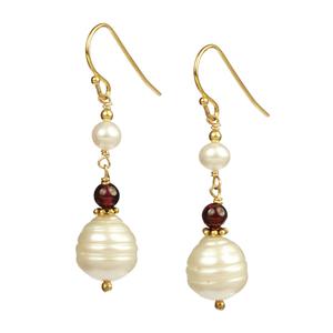 Garnet and Ringed Pearls With Gold Plated Sterling Silver Earrings