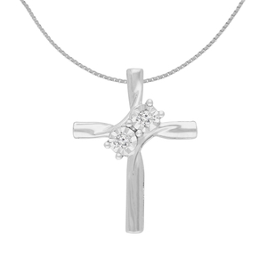 Sterling Silver 0.1 CTTW Round Cut Diamond Cross Pendant Necklace (I-J, I3)