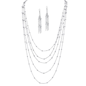 PalmBeach Jewelry Silvertone Multi-Chain Beaded Station Necklace and Earrings Set Adjustable 33" to 37"