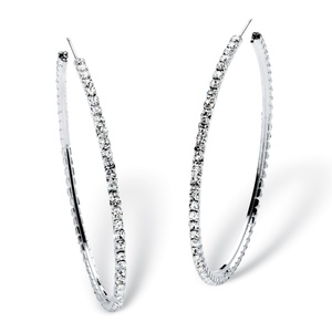 PalmBeach Jewelry Round Crystal Silvertone Hoop Earrings 3" Diameter