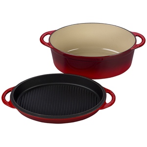 4.75qt Cast Iron Oval Dutch Oven w/ Reversible Grill Lid Cerise