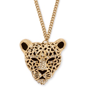 PalmBeach Jewelry Onyx and Crystal Leopard Pendant Necklace in Yellow Gold Tone