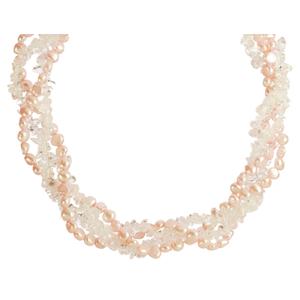Lita 2 Pc Necklace Set- Pink Fresh Water Pearl And Clear Crystal Chips Necklaces Twisted Together