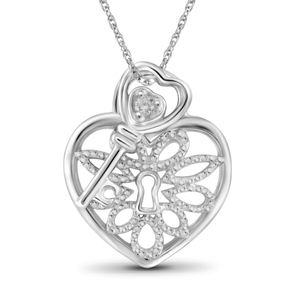 JewelonFire White Diamond Accent Sterling Silver Heart Lock-Key Pendant
