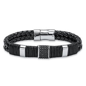 PalmBeach Jewelry Men's Woven Black Leather and Black Crystal Accent Bracelet with Magnetic Closure in Stainless Steel 9"