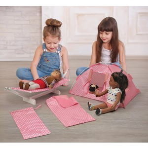 Badger Basket Go Camping Set with Doll Tent, Hammock, Sleeping Bag, and Pillow - Pink Polka Dots