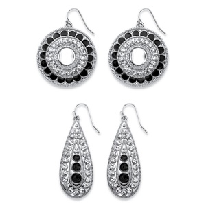 PalmBeach Jewelry Black and White Crystal Silvertone Round and Pear Drop 2-Pair Vintage-Style Earrings Set 1.5" - 2"