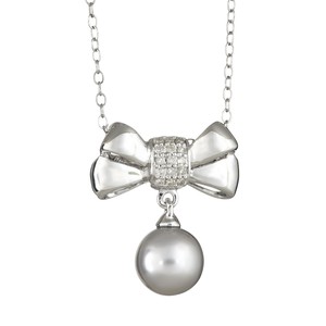 Ladies Sterling Silver .10 cttw Diamond Bow and Genuine Gray Pearl Pendant