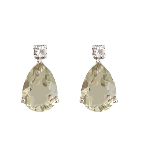 Ladies Sterling Silver Pear Shape Genuine Green Amethyst Gemstone with White Topaz Accent Earrings