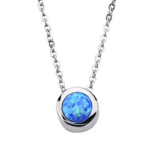 Inox Jewelry Women's Stainless Steel Bezel Set Blue Synthetic Opal Pendant Necklace