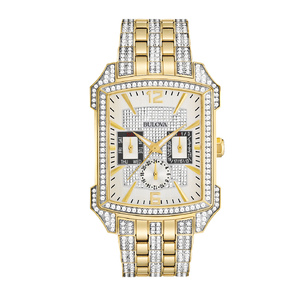 Mens Crystal Rectangular Gold-Tone Watch Silver/White Dial