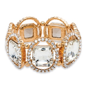 PalmBeach Jewelry Cushion-Cut and Round White Crystal Halo Stretch Bracelet in Gold Tone 8"