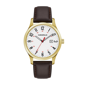 Mens Numeral Gold-Tone Case Brown Leather Strap Watch White Dial