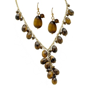 PalmBeach Jewelry Genuine Tiger's Eye Beaded Y Necklace and Earrings 2-Piece Set in Yellow Gold Tone