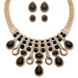 PalmBeach Jewelry Pear and Oval-Cut Black and White Crystal Three-Piece Halo Necklace and Earrings Set in Gold Tone