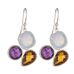 Ladies Sterling Silver Genuine Cognac Quartz  Cape Amethyst and Blue Chalcedony Gemstone Dangle Earrings