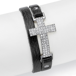 PalmBeach Jewelry Crystal Accent Silvertone Double-Wrap Leather Cross Bracelet Adjustable 6" to 8"