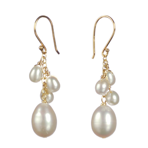 White Pearl Cluster Drop Earrings With Gold Plated Sterling Silver
