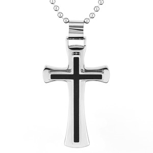 West Coast Jewelry Stainless Steel Polished Black Resin Inlay Cross on 24 Inch Ball Chain