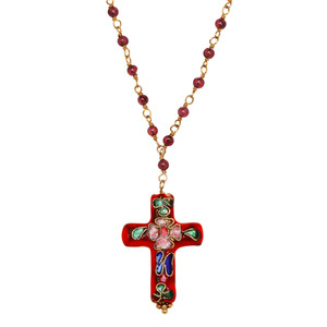 Lita Garnet Linked Chain Necklace with Cloisonne Cross Pendant,17"