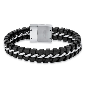 PalmBeach Jewelry Men's Woven Black Leather Braided Bracelet with Magnetic Closure in Stainless Steel 9"