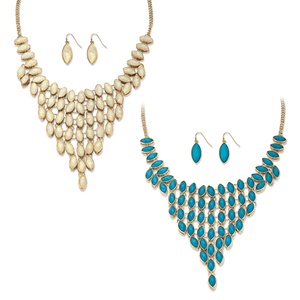 PalmBeach Jewelry Marquise-Cut Simulated Turquoise and Opal 3-Piece Reversible Necklace and Earrings Set in Gold Tone