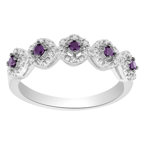 Sterling Silver 1/4Ctw Purple White Round 5 Stone Framed Ring