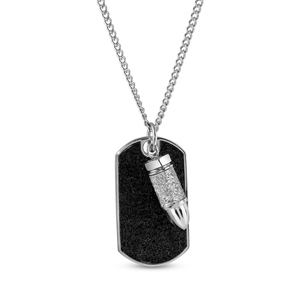 Sterling Silver Black Glitter Bullet Dog Tag Pendant with 24 Inch Steel Curb Chain