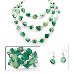 PalmBeach Jewelry Genuine Green Shell Simulated Pearl Silvertone 60" Necklace  Bracelet and Earrings Set