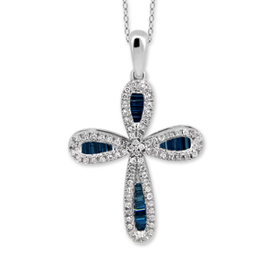 1/2 cttw Blue baguettes and white round cross pendant in Sterling Silver