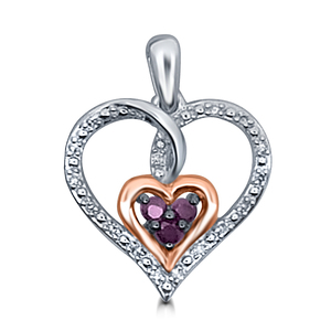 Sterling Silver Pink 10K Pink Heart 1/4Ctw Purple/White Diamond Double Heart Pendant