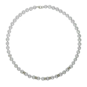 Dyed Silver Grey Color Genuine Freshwater Pearl w/ Rhinestone Necklace