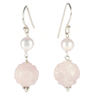 Carved Rose Quartz With Pink Fresh Water Pearl Sterling Silver Earrings