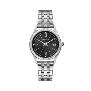 Ladies Silver-Tone Roman Numeral Bracelet Watch Black Dial